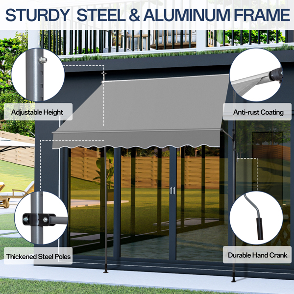 78.7"D x 47.2"W x(78.7 -118.1)"H  Retractable Awning Grey