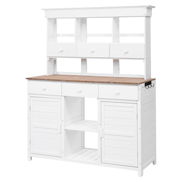 [Assembly Video Provided] 65.7'' H Tall Garden Potting Bench Table with Hutch,Patio Storage Workstation with 3 Shelves,6 Drawers,2 Bottom Cabinets&Side Hooks for Mudroom,Doorway, White