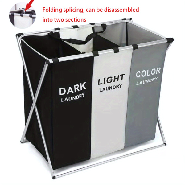 Folding 3-Section Laundry Hamper Sorter - Waterproof Oxford Bags, Sturdy Aluminum Frame, Perfect for Home and Dorm Storage and Organization