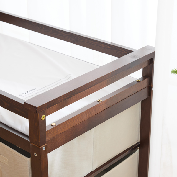 FCH Wooden Frame Removable Top Brown Painted Pine Children's Cot with 3 Fabric Drawers + 1 Fabric Bag