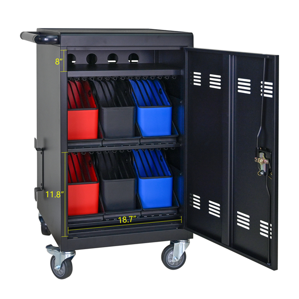 Tablet Laptop 32-bit-Plastic Device Basket Device for Mobile Charging Trolley- Includes Cable Management Dividers, Cable Clips, Storage Compartment, and Removable Doors (Black)