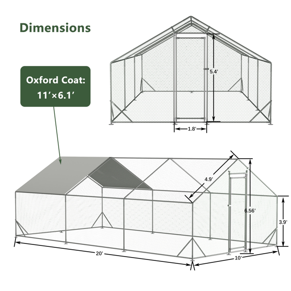 Large Metal Chicken Coop, Walk-in Chicken Run,Galvanized Wire Poultry Chicken Hen Pen Cage, Rabbits Duck Cages with Waterproof and Anti-Ultraviolet Cover for Outside(10' L x 20' W x 6.56' H)