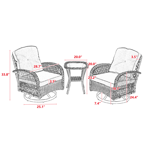 3 Pieces Outdoor Swivel Rocker Patio Chairs, 360 Degree Rocking Patio Conversation Set with Thickened Cushions and Glass Coffee Table for Backyard, Khaki