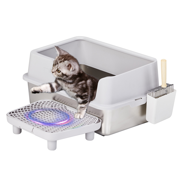 Stainless Steel Cat Litter Box with Lid, Extra Large Litter Pan with High Sides for Big Cats, Kitty Litter Box with Pedal Filter and Scoop, No Odor, Non-Sticky, Anti-Leakage, Easy Cleaning, Gray