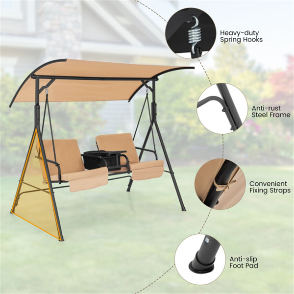 2 Seater Porch Swing Chair with Handy Storage and 360° Rotatable Tray