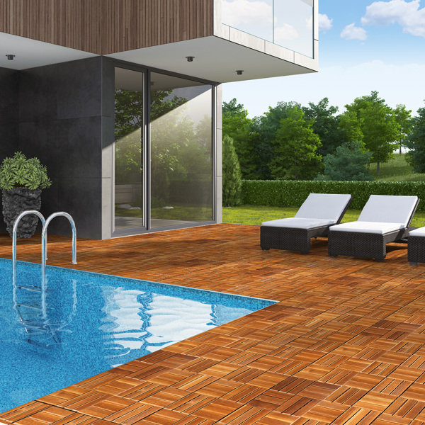 27pcs Wood Interlocking Deck Tiles 11.8"x11.8", Waterproof Flooring Tiles for Indoor and Outdoor, Patio Wood Flooring for Patio Porch Poolside Balcony Backyard