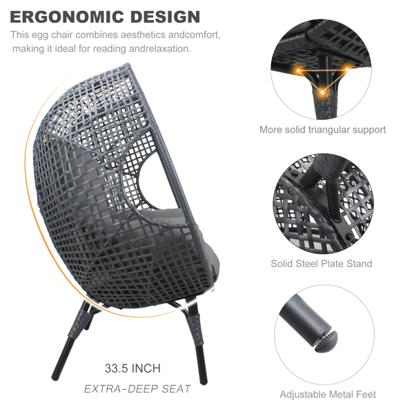 New Grid Style  PE Wicker Weaving Patio Egg Chair with Gray Color Rattan Gray Cushion