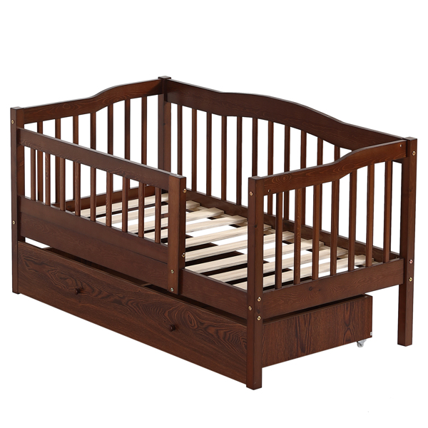 FCH Vertical Fence Brown Painted Pine Toddler Bed with Bottom Drawer and Side Car Bed