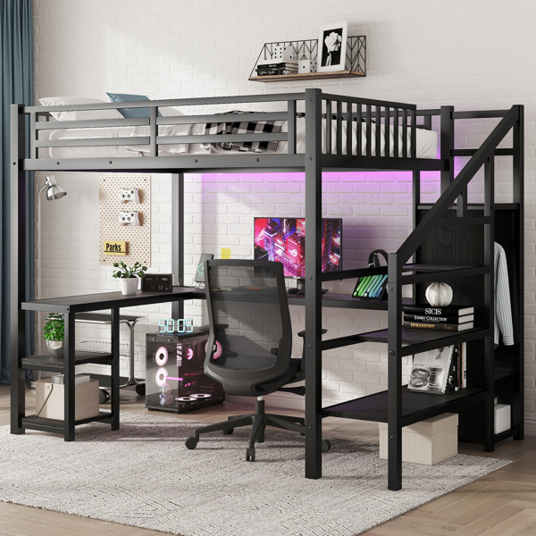 Metal Full Loft Bed with Wardrobe and LED Light, Full Size Loft Bed with L Shaped Desk and USB for Kids Teens Adults, Black