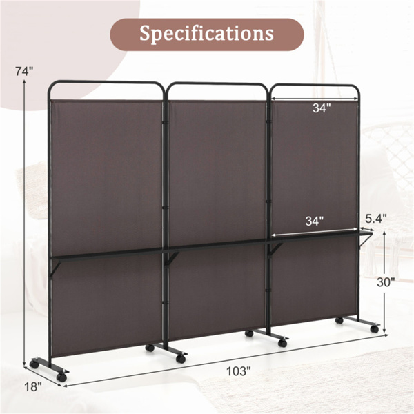 3-Panel Folding Divider with Lockable Wheels and 3 Metal Shelves Brown