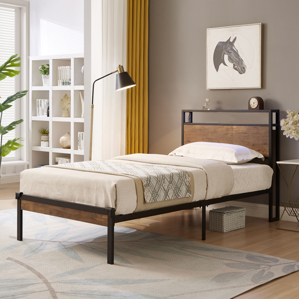 Twin Size Metal Platform Bed Frame with Wooden Headboard and Footboard with USB LINER, No Box Spring Needed, Under Bed Storage, Easy Assemble