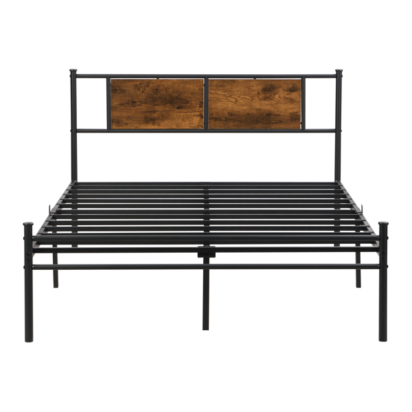 Queen Size metal bedframe,Headboard with wood panel decoration,black