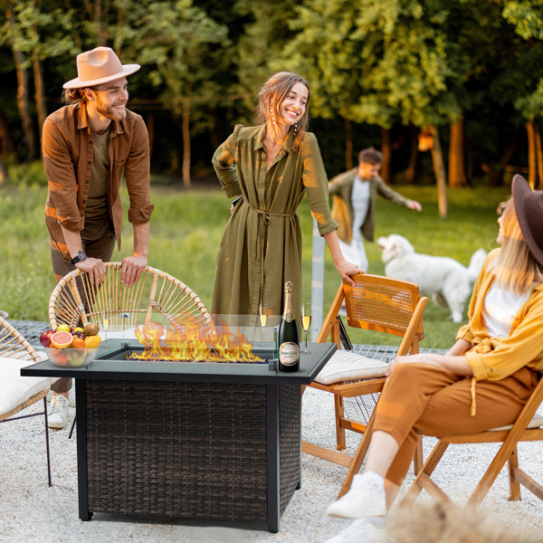 Outdoor Fire Pit 50,000 BTU Propane Gas Fire Table with Lid Fireplace with Glass Wind Guard Wicker Base for Garden, Patio, Backyard, 44"