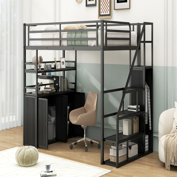 Full Size Metal Loft Bed with Storage Staircase and Wardrobe,Shelves and Lockers,Black