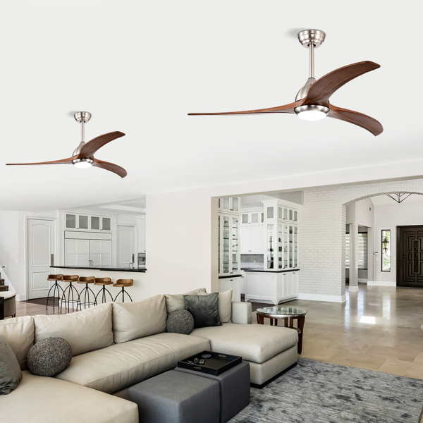 52" Solid Wood Blades Ceiling Fan With Light with Remote Control, Noiseless Reversible Motor, 6 Speed ,3 Color , for Patio Living Room, Bedroom, Indoor.(Stain nickel + Walnut )