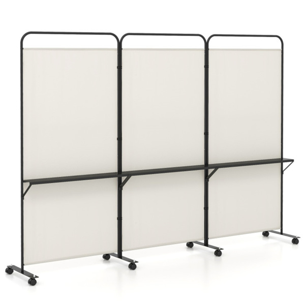 3-Panel Folding Divider with Lockable Wheels and 3 Metal Shelves White