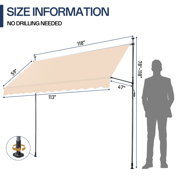 118.1"D x 47.2"W x(78.7 -118.1)"H Retractable Awning Khaki