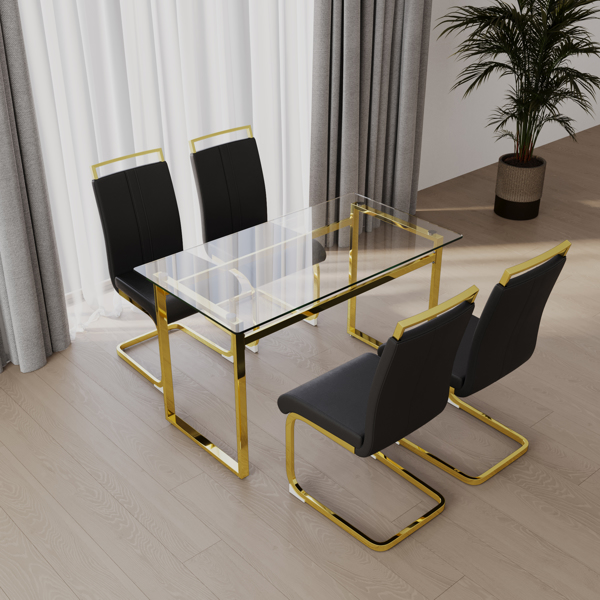 51 inch Glass Dining Table Set for 4, Dining Table & Chair Sets with Golden Plating Legs for Kitchen, Modern Rectangle Tempered Glass Table Top and PU Dining armless Chair for Dining Room 