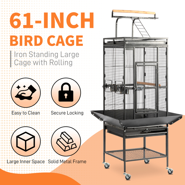 65-inch Wrought Iron Large Rolling Bird Cage with Play Top and Stand for Parrots Lovebird Cockatiel Parakeets, Black