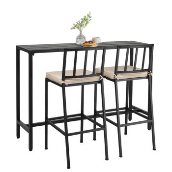 3 Piece Outdoor Patio Bar Set, 55\\" Rectangular Pub Height High Top Bar Table with 2 Cushioned Bar Stools, Metal Bar Table and Chairs Set for Balcony Backyard Porch