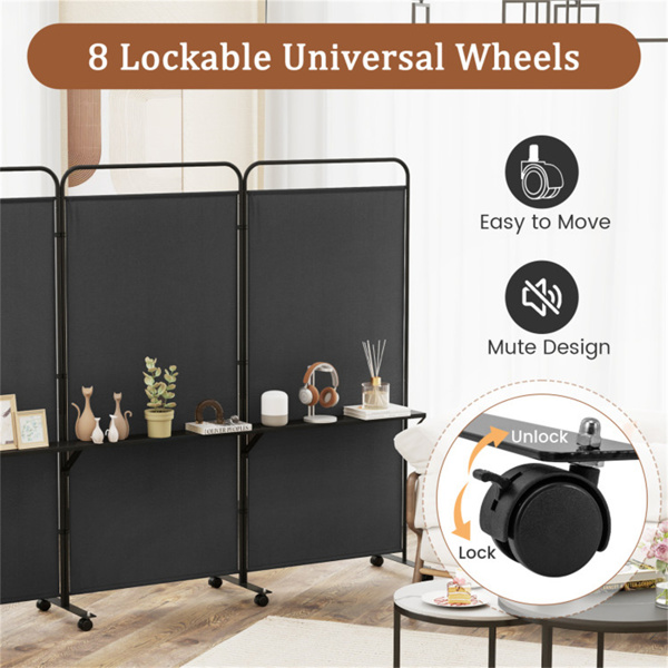 3-Panel Folding Divider with Lockable Wheels and 3 Metal Shelves Black