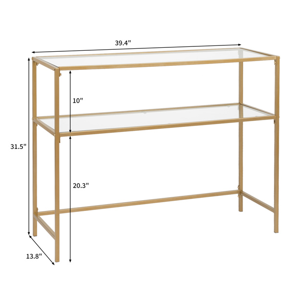 【same code：29997112】39.4" Console Sofa Table, Modern Entryway Table, Tempered Glass Table, Metal Frame, 2 Shelves, for Living Room, Hallway, Gold Color