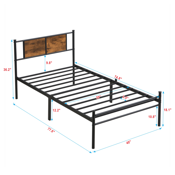 Twin Size metal bedframe,Headboard with wood panel decoration,black