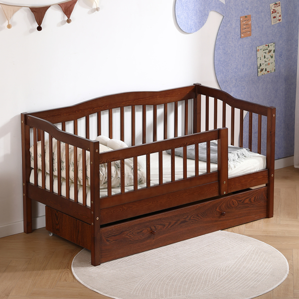 FCH Vertical Fence Brown Painted Pine Toddler Bed with Bottom Drawer and Side Car Bed