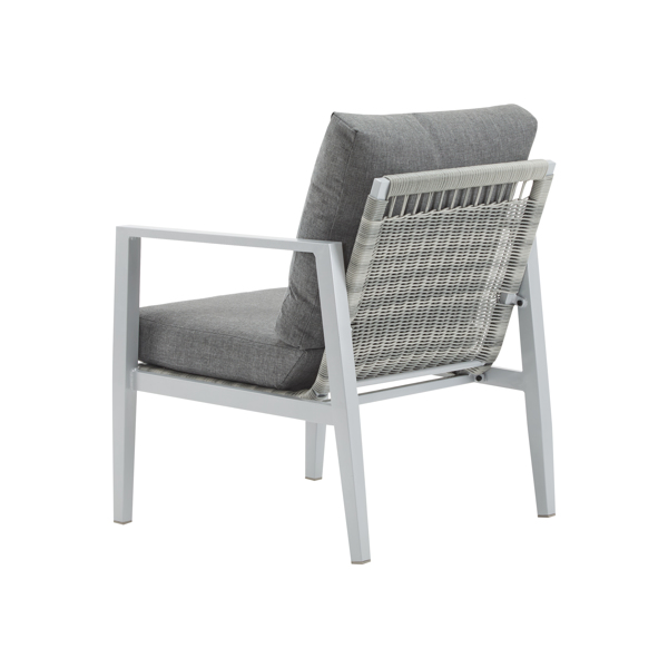 Silver Aluminum Lounge Chair with Sleek Rope Accents and Comfortable Cushions, Perfect for Modern Outdoor and Indoor Spaces