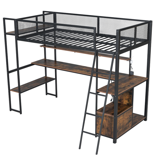 Twin Size Metal Loft Bed with Built-in Work Station, LED and Multiple Storage, Black