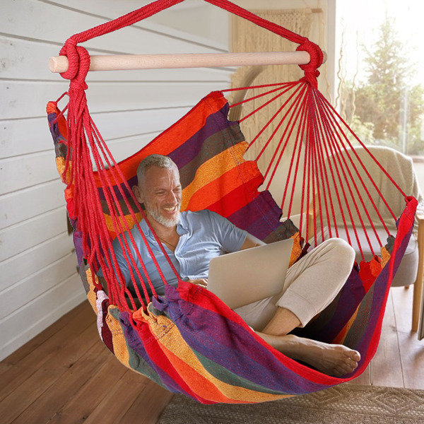 Hammock Hanging Chair Canvas Porch Patio Swing Seat Portable Camping Rope Seat Wooden Stick Hammock Chair with 2 Pillows 265LBS Load-bearing