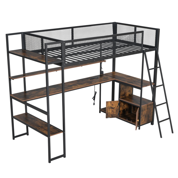 Twin Size Metal Loft Bed with Built-in Work Station, LED and Multiple Storage, Black