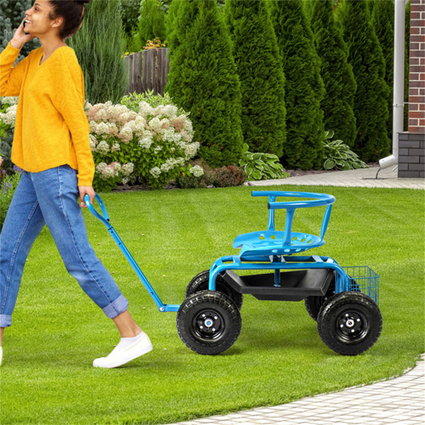 Garden Cart Height Adjustable Scooter with Swivel Seat & Tool Storage Blue