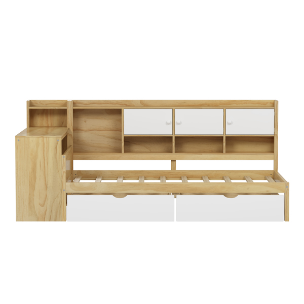 Wooden L-Shape Daybed with Seven Storage Cabinets and Two Storage Drawers, Multi-functional Bed with Study Desk and Built-in Bookshelf, Natural+White