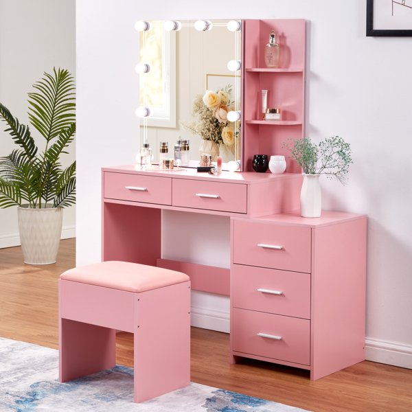 Pink Textured Particle Board with Melamine Laminate Five-Drawer Two-Shelf Sliding Door Mirror Cabinet Dressing Table Set with Three-Color Dimmable Bulb