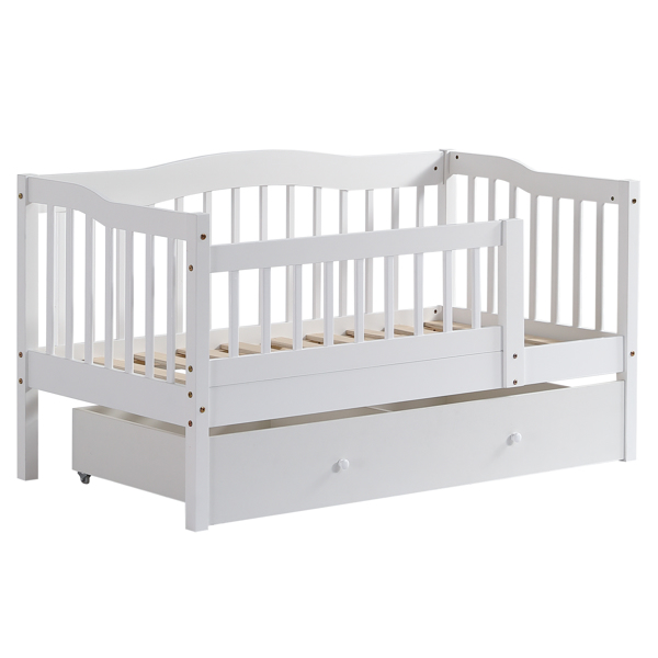 FCH Vertical Fence White Painted Pine Toddler Bed with Bottom Drawer and Side Car Bed