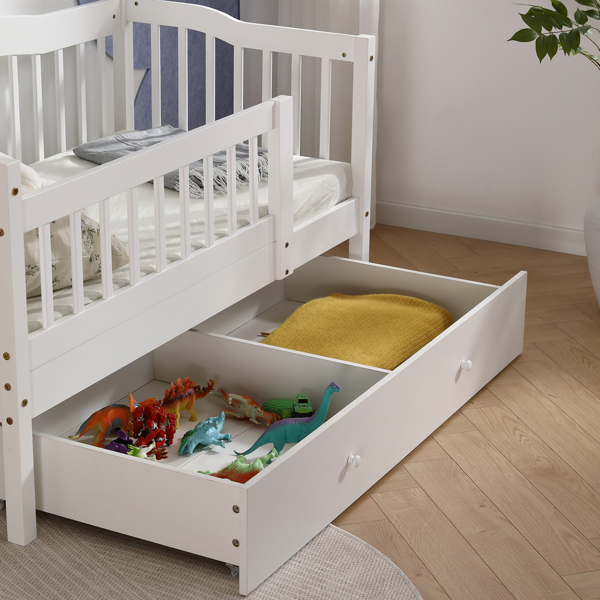 FCH Vertical Fence White Painted Pine Toddler Bed with Bottom Drawer and Side Car Bed