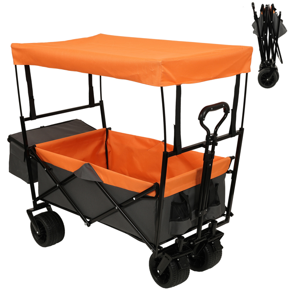 480Lbs Collapsible Wagon with Canopy,Wagon Stroller with 7" All-Terrain Wheels, Lightweight Foldable Wagon, Large Capacity for Camping, Shopping, Sports, and Garden Use,orange with mosquito net