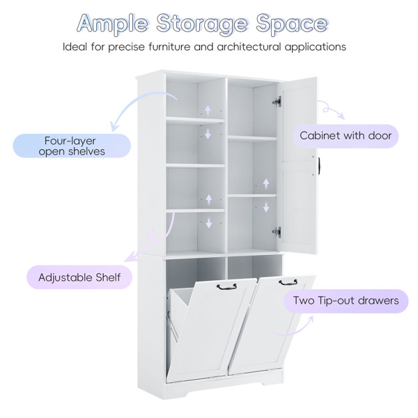 Bathroom Storage Cabinet with Doors and Drawers, Tilt-Out Laundry Hamper, Multiple Storage Space, Freestanding Style, Open Shelve, Adjustable Shelf, White