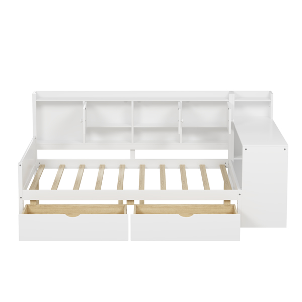 Wooden L-Shape Daybed with Seven Storage Cabinets and Two Storage Drawers, Multi-functional Bed with Study Desk and Built-in Bookshelf, White