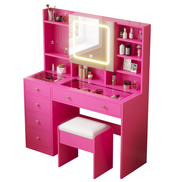 Barbie Pink Textured Particle Board with Melamine Laminate, Tempered Glass Top, Five-Drawer Dressing Table Set with Shelves, Hooks, Power Strip, and LED Three-Color Dimmable Light