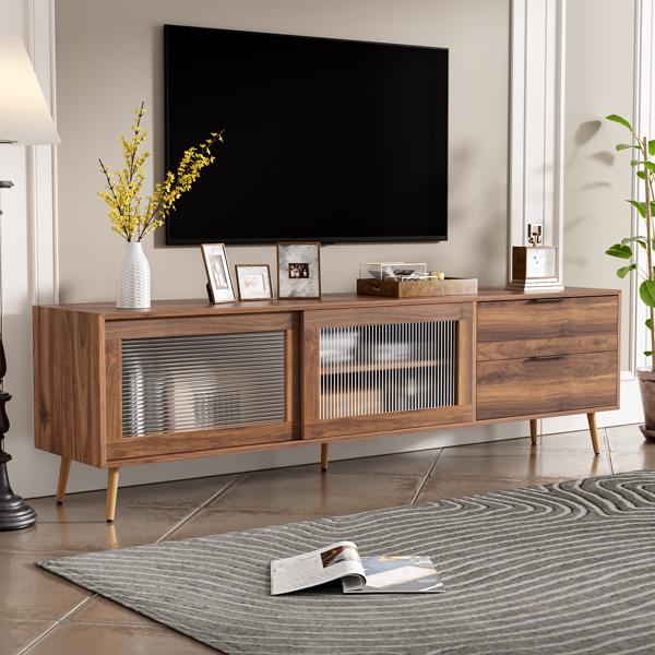 Modern TV Stand for 75"+ TV, TV Console with 2 Glass Doors, Entertainment Center with 2 Drawers & Storage Cabinet, 70" Media Console Table for Living Room, Bedroom