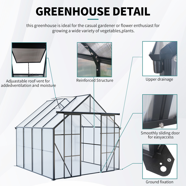 8x8 FT Double Door Polycarbonate Greenhouse Raised Base and Anchor Aluminum Heavy Duty Walk-in Greenhouses for Outdoor Backyard in All Season,Black