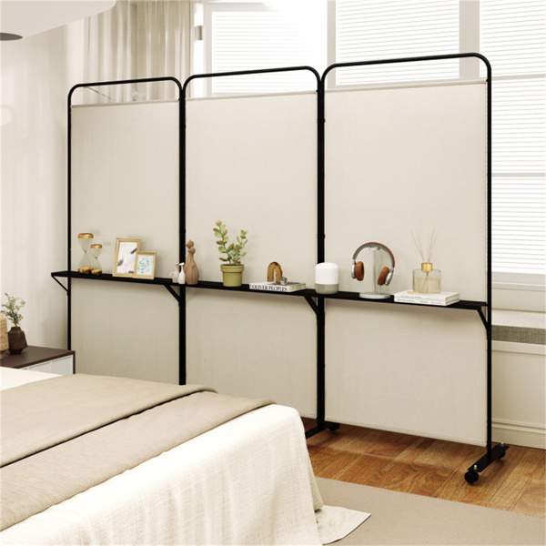 3-Panel Folding Divider with Lockable Wheels and 3 Metal Shelves White