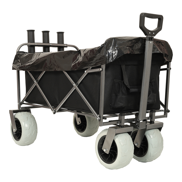 Fishing Cart with Rod Holders ,Beach Wagon with Big Wheels for Sand 500lbs capacity - All Terrain Steel Frame Utility Cart with 9" Pneumatic Tires,strap with multiuse bag ,black