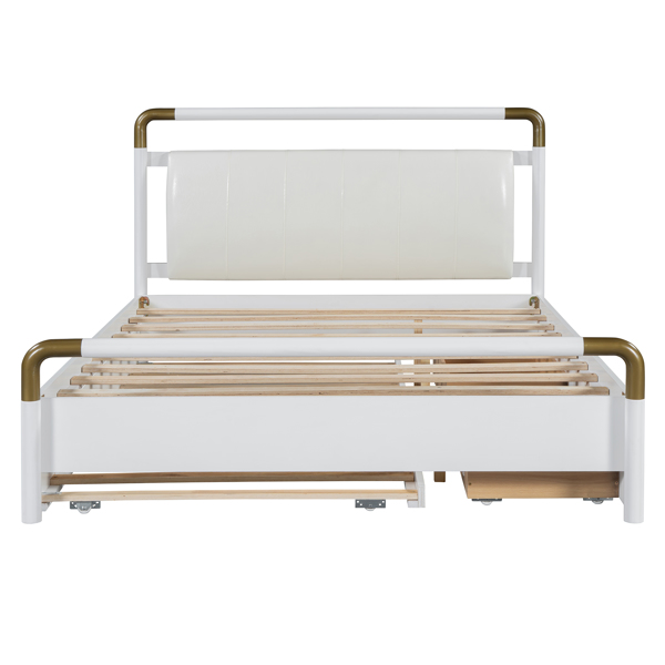 Queen Size Wooden Storage Platform Bed, with 2 Big Drawers, T-XL Size Trundle, White