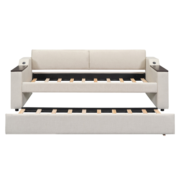 Twin Size Upholstery Daybed with Storage Arms, Trundle and USB Design, Beige(Old SKU:GX000547AAA)