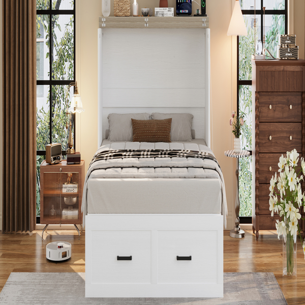 Full Size Farmhouse Murphy Cabinet Bed with Charging Station, Foldable Platform Bed with Large Storage Drawer for Guest-Room, Small Bedroom, White