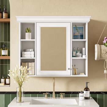 35\\'\\' x 28\\'\\' White Wall Mounted Bathroom Storage Cabinet with Mirror Door, Modern Bathroom Wall Cabinet with Mirror, Medicine Cabinet with 6 Open Shelves