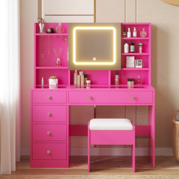 Barbie Pink Textured Particle Board with Melamine Laminate, Tempered Glass Top, Five-Drawer Dressing Table Set with Shelves, Hooks, Power Strip, and LED Three-Color Dimmable Light